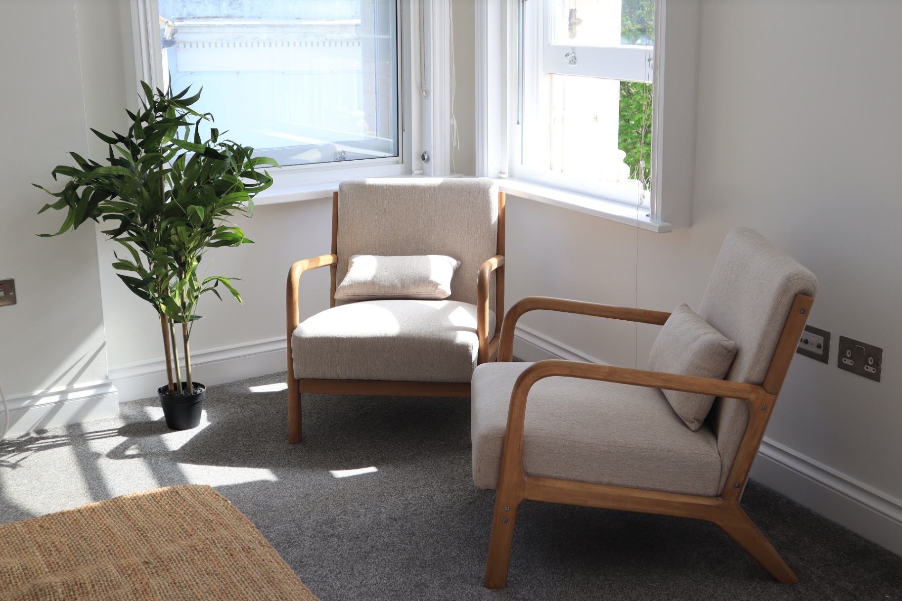Living area with armchairs and natural light